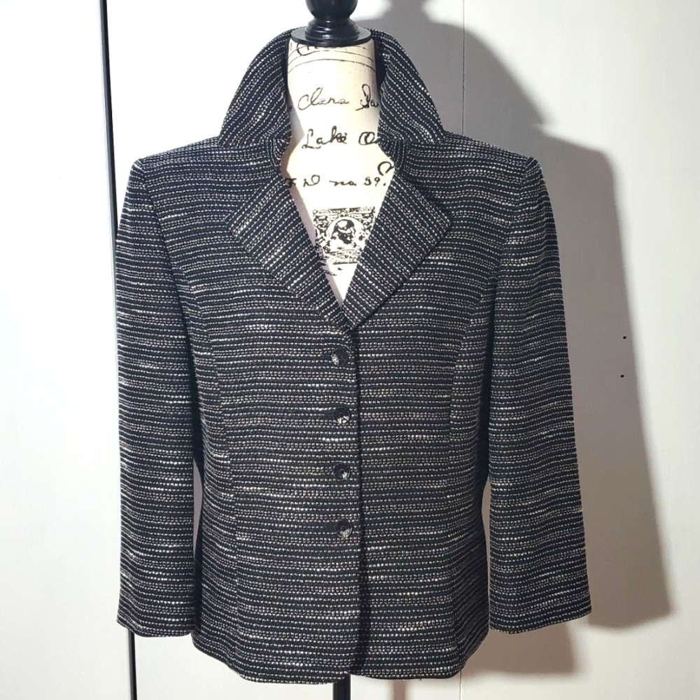 Tahari- Womens Black/White Speckle Blazer Suit Coat Office Career Wear Sz. 16